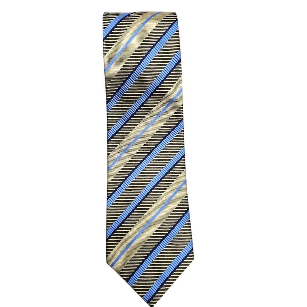 LUCIANO VERSI 100% Silk Tie Necktie BLUE NAVY GOLD Stripes 60" Textured Designer